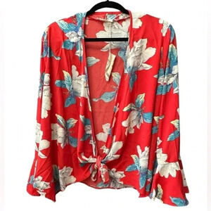 NWT Floral Kimono Tie Top Red Medium Bell Sleeve